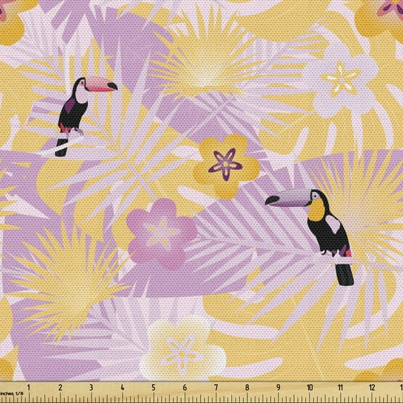 Ambesonne Tropical Fabric by the Yard Upholstery, Girls Pattern Jungle, 1 Yard, Marigold Pale Pink