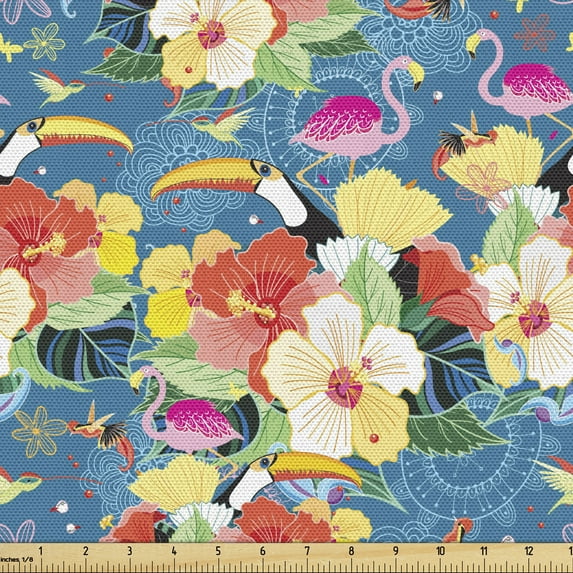 Ambesonne Tropical Fabric by the Yard Upholstery, Hawaiian Paradise Birds, 3 Yards, Multicolor