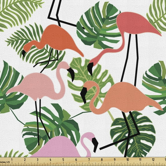 Ambesonne Tropical Fabric by the Yard Upholstery, Hipster Flamingo Monstera, 1 Yard, Salmon Pink