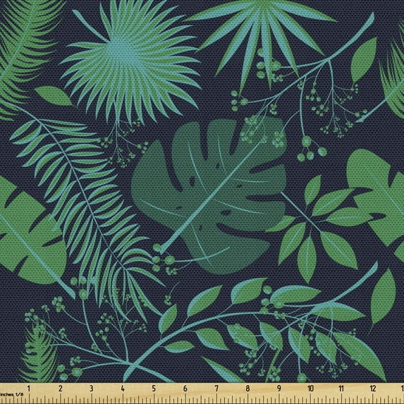 Ambesonne Tropical Fabric by the Yard Upholstery, Leaves Hibiscus Plumeria, 5 Yards, Indigo Jade Green