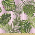 thumbnail image 1 of Tropical Fabric by the Yard, Monstera and Palm Leaves on Vertical Pink Stripes Exotic Botany, Decorative Upholstery Fabric for Chairs & Home Accents, Pale Pink Fern Green by Ambesonne, 1 of 5