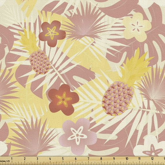 Ambesonne Tropical Fabric by the Yard Upholstery, Monstera Leaf Pineapple, 10 Yards, Dried Rose Mustard