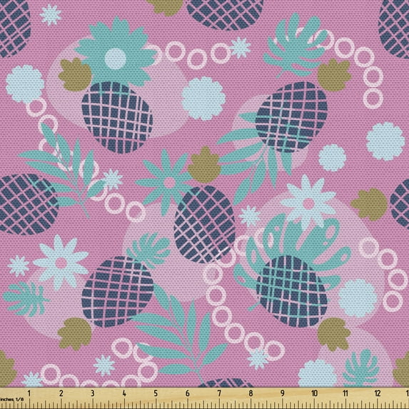 Tropical Fabric by the Yard, Pattern of Summer Fruits and Plantation Flowers in a Colorful Layout, Decorative Upholstery Fabric for Chairs & Home Accents, Pink and Multicolor by Ambesonne