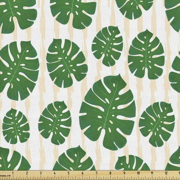 Tropical Fabric by the Yard, Repeating Concept of Monstera Leaves on a Background of Vertical Strips, Decorative Upholstery Fabric for Sofas and Home Accents, Green Champagne White by Ambesonne