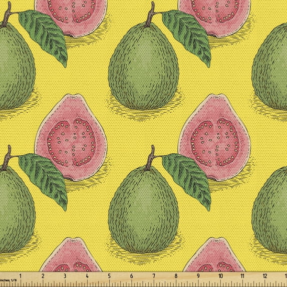 Tropical Fabric by the Yard, Ripe Guava Fruits with Fresh Leaves Hand Drawn Agriculture Produce, Decorative Upholstery Fabric for Sofas and Home Accents, Yellow Green by Ambesonne