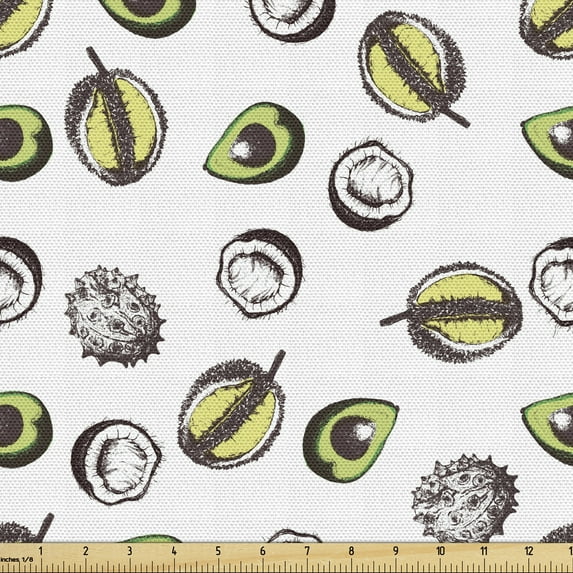 Tropical Fabric by the Yard, Sketches of Avocados Coconuts and Durian, Upholstery Fabric for Dining Chairs Home Decor Accents, White Charcoal Grey by Ambesonne