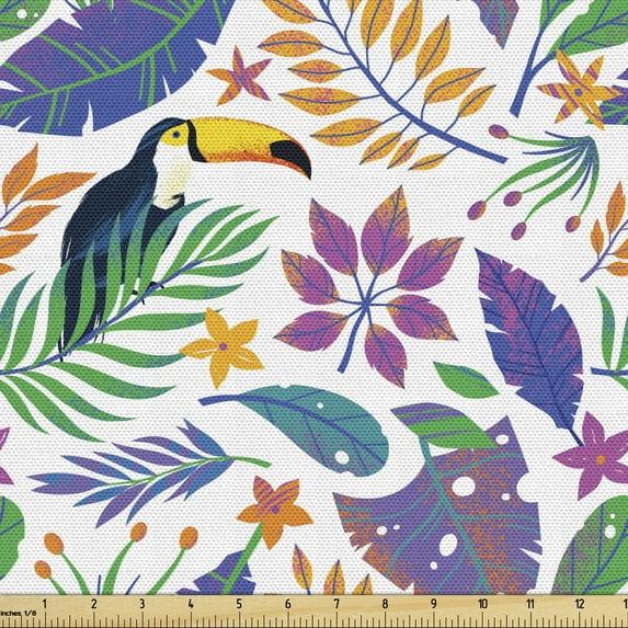 Tropical Fabric by the Yard, Summer Autumn Theme Colorful Jungle Palm Leaves Aloha Flowers Toucan Birds, Decorative Upholstery Fabric for Sofas and Home Accents, White Multicolor by Ambesonne