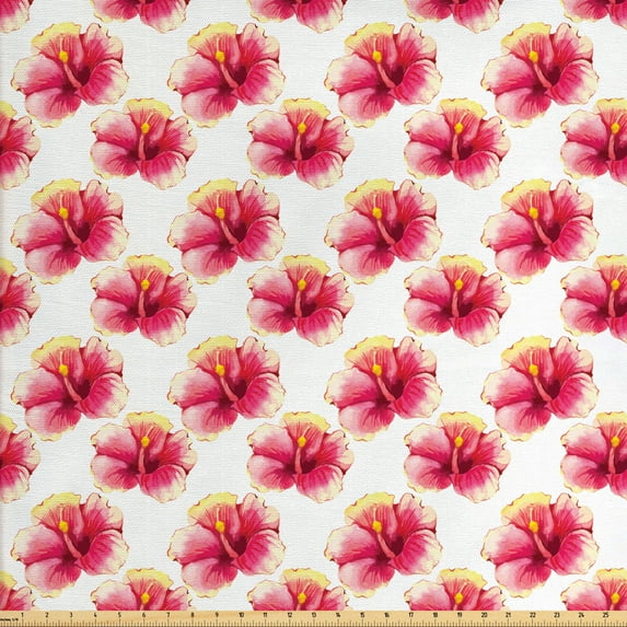 Tropical Fabric by the Yard, Top View of Watercolor Style Warm Toned Hibiscus, Upholstery Fabric for Dining Chairs Home Decor Accents, Coral Yellow by Ambesonne