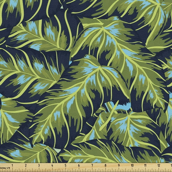 Ambesonne Tropical Fabric by the Yard Upholstery, Banana Leaf Plants Pattern, 1 Yard, Olive Green Dark Blue