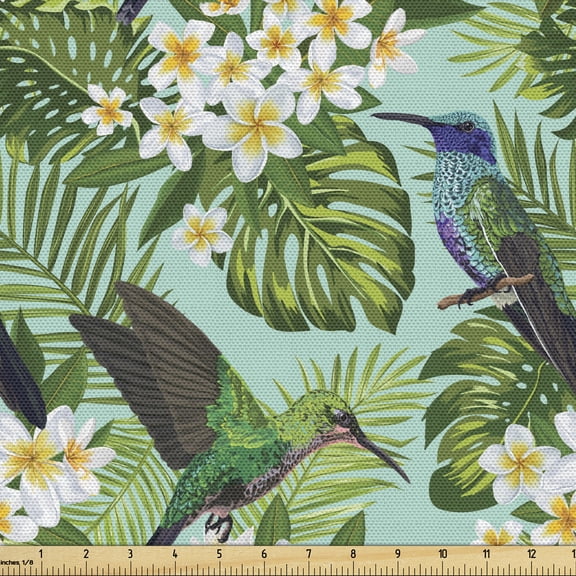 Tropical Fabric by the Yard Upholstery, Brazilian Rainforest Composition with Branches Plumeria Blooms and Exotic Birds, Decorative Fabric for DIY and Home Accents, Multicolor by Ambesonne
