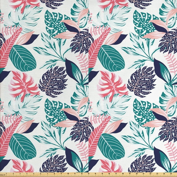 Tropical Fabric by the Yard Upholstery, Cartoon Style Modern Pattern of Exotic Leaves in Abstract Colors Illustration, Decorative Fabric for DIY and Home Accents, Multicolor by Ambesonne
