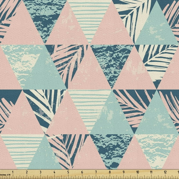 Tropical Fabric by the Yard Upholstery, Contemporary Triangles Graphic of Branches Stripes in Pastel Colors, Decorative Fabric for DIY and Home Accents, Pale Pink and Petrol Blue by Ambesonne