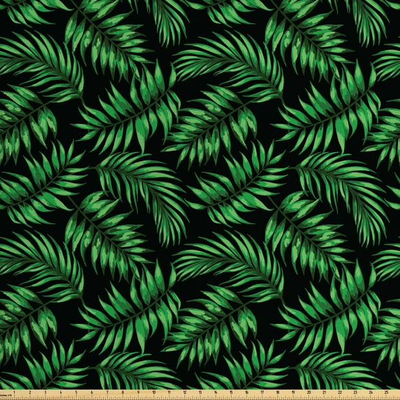 Tropical Fabric by the Yard Upholstery, Continuous Exotic Leaves Jungle Foliage Watercolor Effect Botany Art, Decorative Fabric for DIY and Home Accents, Dark Forest Green Green by Ambesonne