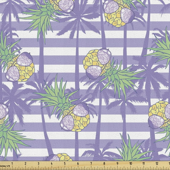 Tropical Fabric by the Yard Upholstery, Exotic and Pastel Tone Pineapples Palm Trees on a Background of Stripes, Decorative Fabric for DIY and Home Accents, Lavender Yellow Green by Ambesonne