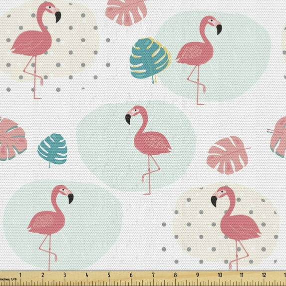 Ambesonne Tropical Fabric by the Yard Upholstery, Flamingos on Polka Dots, 2 Yards, Coral and Dark Seafoam