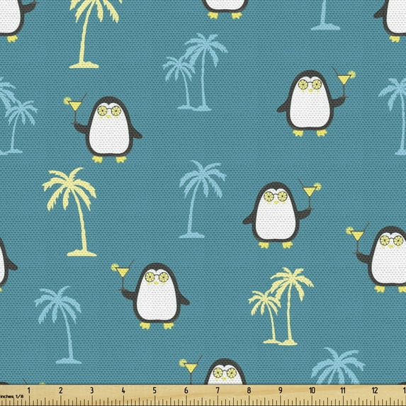 Ambesonne Tropical Fabric by the Yard Upholstery, Penguins and Palm Trees, 10 Yards, Sea Blue Multicolor