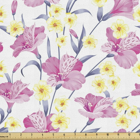 Ambesonne Tropical Fabric by the Yard Upholstery, Plumeria and Pink Hibiscus, 1 Yard, Blue Grey Pale Yellow