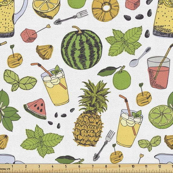 Tropical Fabric by the Yard Upholstery, Summer Holiday Pattern with Fruits and Cocktails Refreshments Juice and Drinks, Decorative Fabric for DIY and Home Accents, Multicolor by Ambesonne