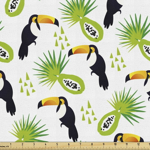 Ambesonne Tropical Fabric by the Yard Upholstery, Toucan and Palm Pattern, 10 Yards, Green Black and Orange