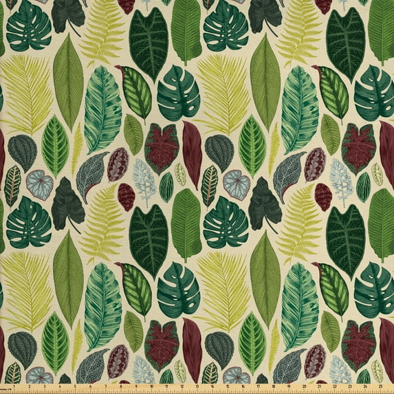 Ambesonne Tropical Fabric by the Yard Upholstery, Various Detailed Leaves, 5 Yards, Multicolor