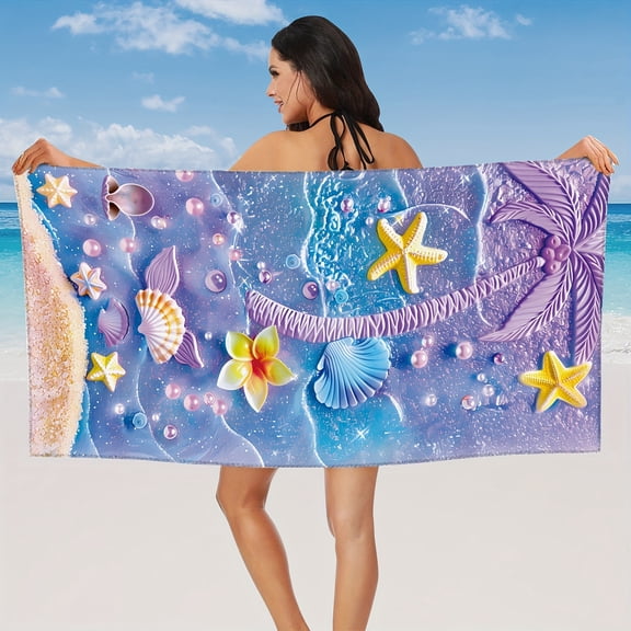 Tropical Fantasy Oversized Beach Towel - Quick-Drying, Sun-Protective, Easy to Clean,Shell & Palm Design - Ideal for Summer Beach, Camping, Pool & Travel - Blue & Purple, Beach Blanket