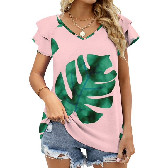 Tropical Fern Leaves On Peach Lotus Leaf Neck T-Shirt Long Sleeve T-Shirts For Women Spring And Autumn Tee Garden Fern Palm
