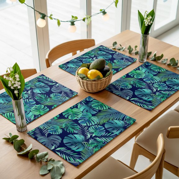 Tropical Ferns Palm Leaves Placemats Set of 4,Wipeable Washable Table Mats for Dining Tables, Teal Botanical Place Mats for Kitchen Event Party Tabletop Decor
