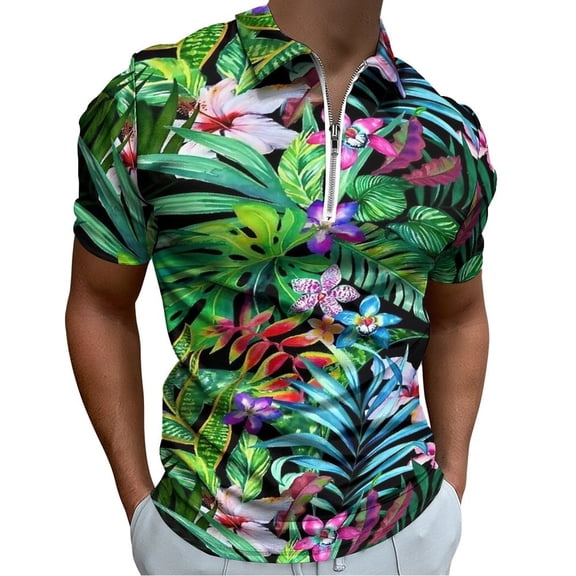 Tropical Fest Men Zipper T-shirt Summer Casual Short Sleeve T-shirt Top