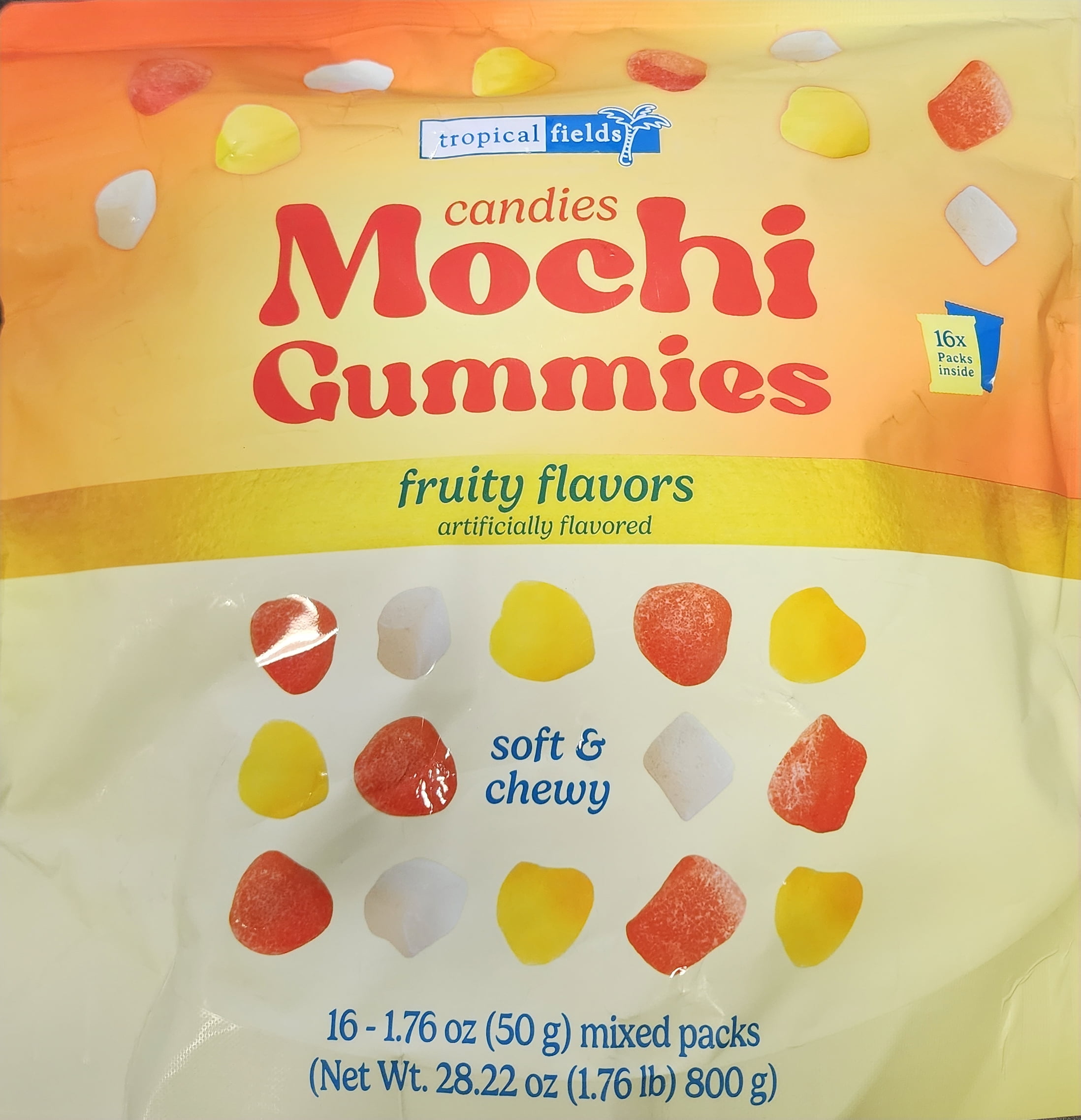 Tropical Fields Candies Mochi Gummies Fruity Flavors, Soft & Chewy, 16 - 1.76 oz (50g), Net wt. 28.22 oz (1.76 lb) 800g
