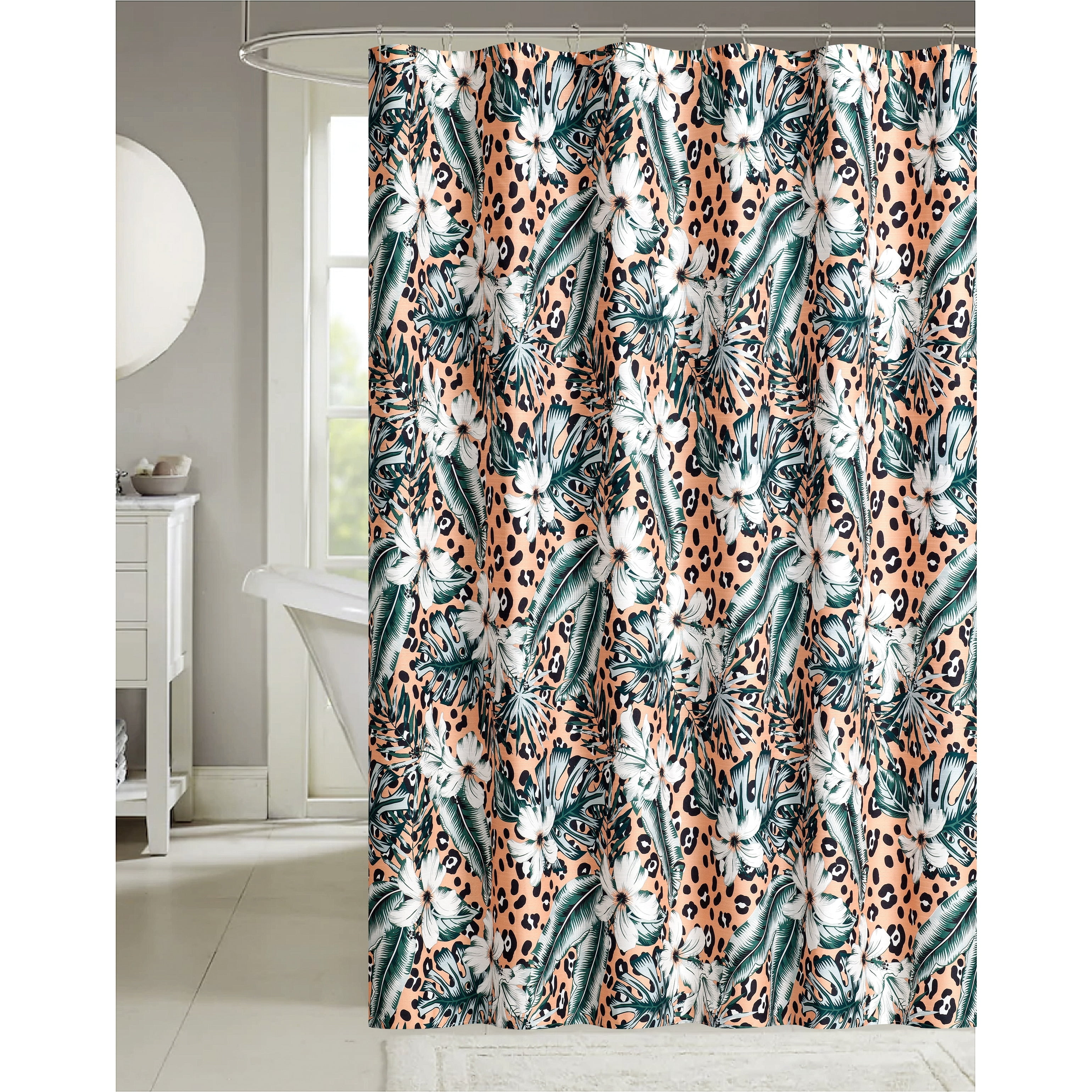 Tropical Fiesta Pink Leopard and Palm Print Fabric Shower Curtain