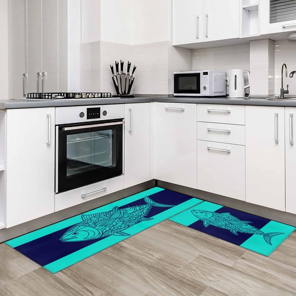 Tropical Fish 2 Pieces Non-Slip Kitchen Mat Set Mandalas Boho Modern Green Abstract Stripe Soft Door Mat with Rubber Backing,Dirtproof Rugs for Entrance Doorway 15.7x23.6in+15.7x47.2in