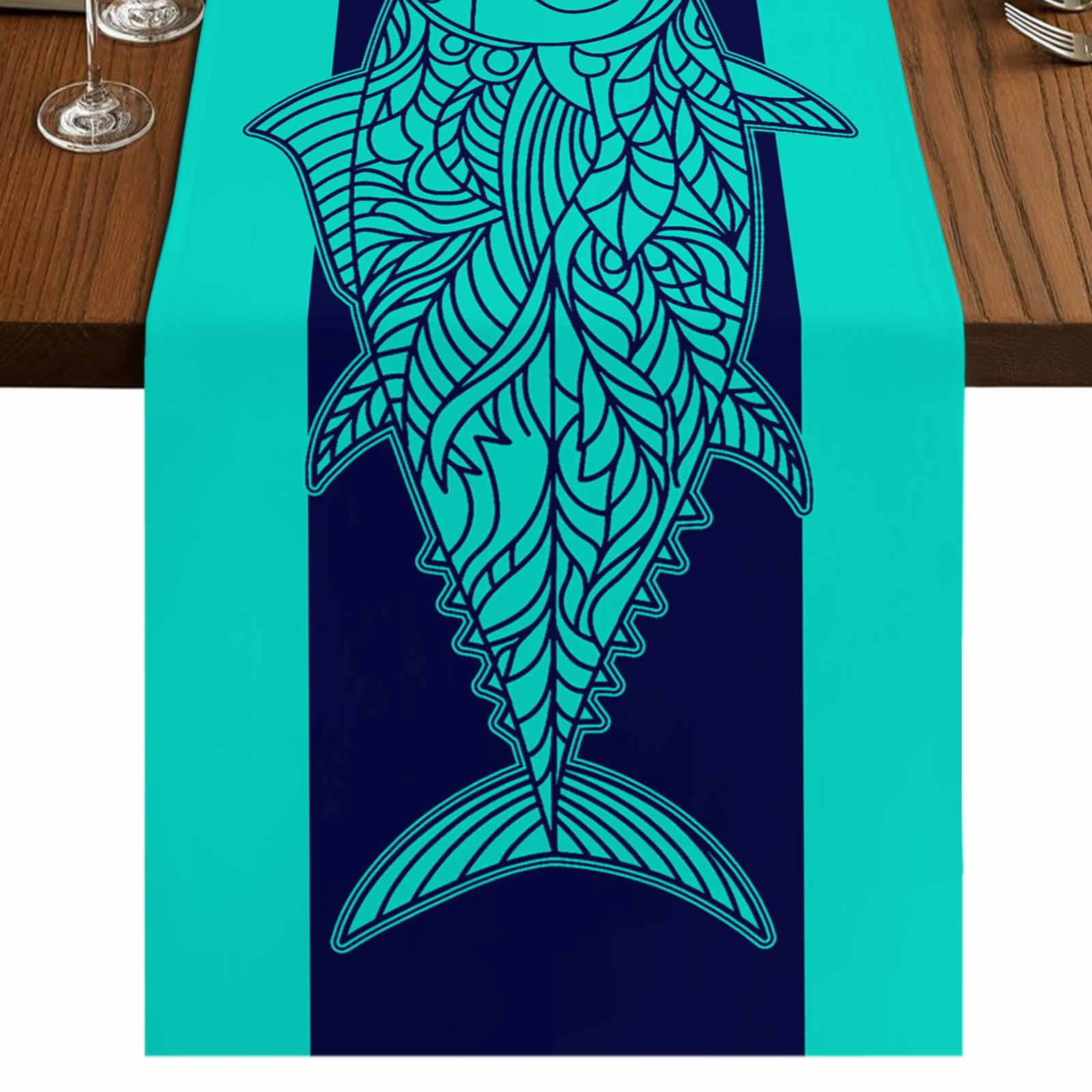 Tropical Fish 70 Inch Table Runner, Mandalas Boho Modern Green Abstract ...