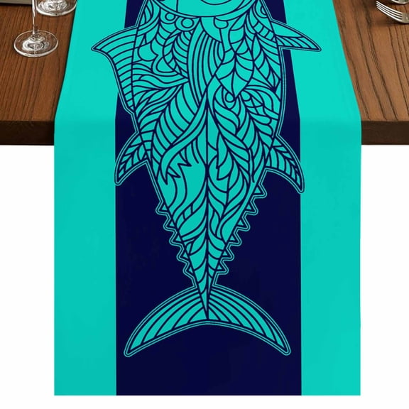 Tropical Fish 70 Inch Table Runner, Mandalas Boho Modern Green Abstract Stripe Farmhouse Dresser Scarf Cotton & Linen Tablerunner for Dining/Kitchen Island/Holiday Party Décor 13" x 70"