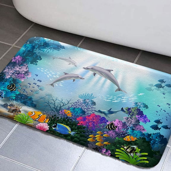 Tropical Fish Bathroom Rugs, Dolphin Sea World Underwater Non-Slip Bath Rugs, Blue Ocean Tropical Fish Bathroom Rugs Set, Underwater Sea Ocean Bathroom Rug Mat 17x29inch, Absorbent Bath Rugs