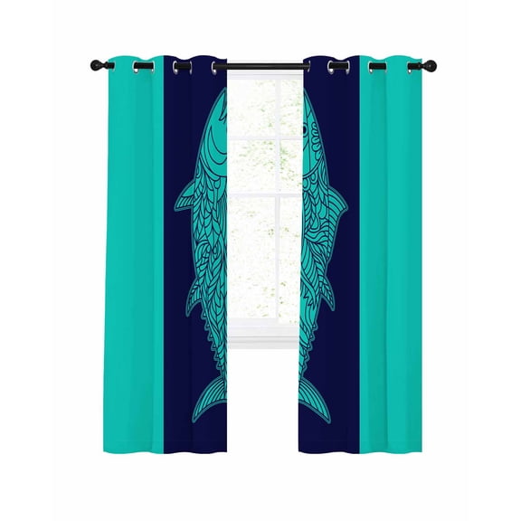 Tropical Fish Blackout Curtains, Light Blocking Print Window Curtains, Mandalas Boho Modern Green Abstract Stripe Thermal Insulated Window Drapes for Living Room 2 Panels, 84"W x 84"L