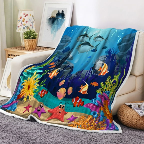 Tropical Fish Blanket, Ocean Flannel Fleece Throw Blanket, Summer Under The Sea Creature Tropical Ocean Beach Palm Tree Throw Flannel Blankets for Couch & Bed, Blanket 50" x 60", Soft Warm Blankets