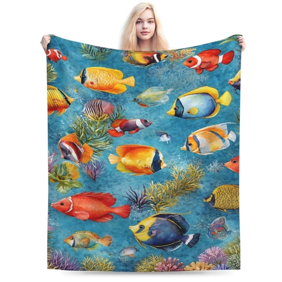 Tropical Fish Blanket Soft Fuzzy Fleece Sea Ocean Fish Throw Blanket Decor Cozy Warm Plush Flannel Colorful Fish Blanket Gifts for Kids Adults Home Chair Sofa Couch Bed 50x40