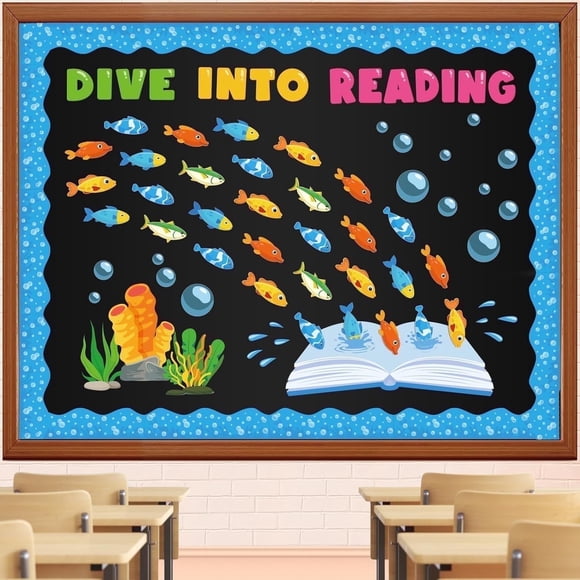 Tropical Fish Bulletin Board Decorations Set, Under The Sea Classroom Decor Summer Ocean Animal Cutouts Dive Into Reading Bulletin Board for Welcome School Classroom Door Window Wall Decor