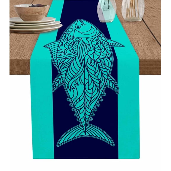 Tropical Fish Burlap Cotton Table Runner 13x120 Inches Long, Mandalas Boho Modern Green Abstract Stripe Farmhouse Table Runners, Outdoor Dining Tablecloths Decor for Baby Shower/Party/Wedding