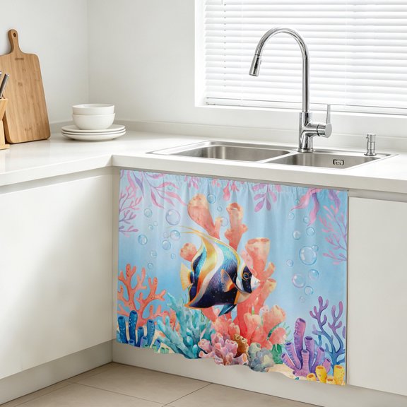 Tropical Fish Cabinet Curtains for Kitchen 10"W x 11"L, Colorful Watercolor Coral Coastal Ocean Under Sink Skirt Magic Tape Short Curtain Decorative Privacy Panel for Bathroom Laundry