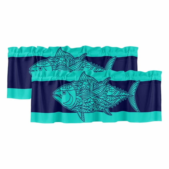 Tropical Fish Curtain Valances for Windows, Kitchen Valance Window Treatments Panel 2 Pack, Mandalas Boho Modern Green Abstract Stripe Rod Pocket Short Curtains for Bathroom Bedroom 54 x 18 Inch