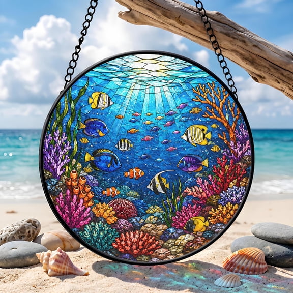 Tropical Fish Faux Stained Glass Acrylic Suncatcher, Window Hanging Decor, Beach House Gift
