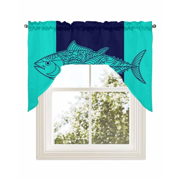 Tropical Fish Kitchen Curtains Swag Valance for Windows/Bathroom/Cafe, Mandalas Boho Modern Green Abstract Stripe Rod Pocket Drape Panel Swag Curtains Valance for Bedroom/Living Room 56"x36"