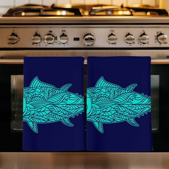 Tropical Fish Kitchen Towels Set of 1, Mandalas Boho Modern Green Abstract Stripe Absorbent Dish Towels for Kitchen, Microfiber Hand Towel, Quick Drying Tea Towel for Cleaning Decorative Dishcloths