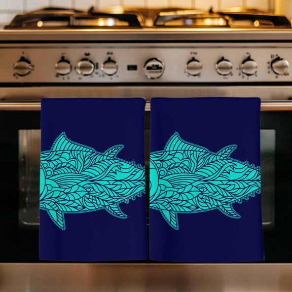 Tropical Fish Kitchen Towels Set of 3, Mandalas Boho Modern Green Abstract Stripe Absorbent Dish Towels for Kitchen, Microfiber Hand Towel, Quick Drying Tea Towel for Cleaning Decorative Dishcloths