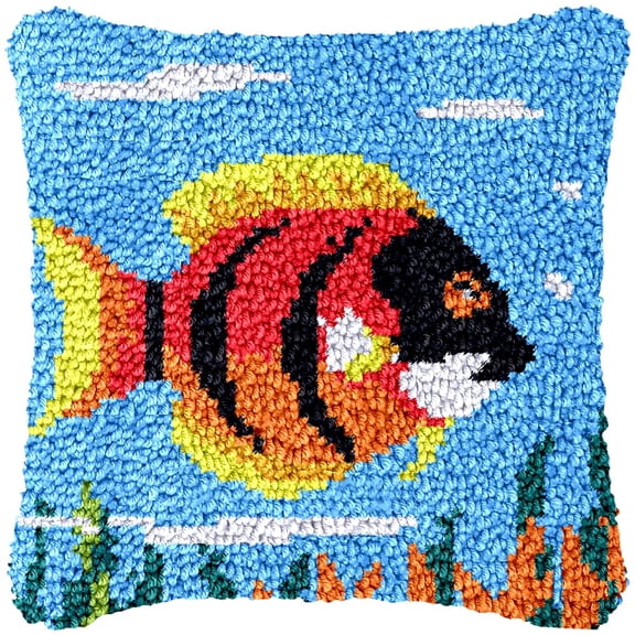 Tropical Fish Latch Hook Kits Pillow Cover DIY Rug Making Crochet Hook Cushion Making Kits with Preprinted Pattern Canvas DIY Needlework Crochet Kits Sofa Decor 43x43cm