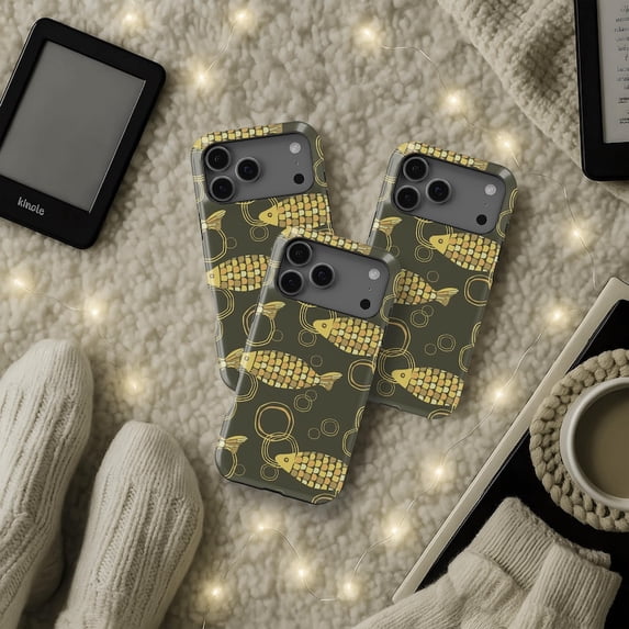 Tropical Fish Motif Tough Phone Case, Vibrant Marine Scale Pattern Dual ...