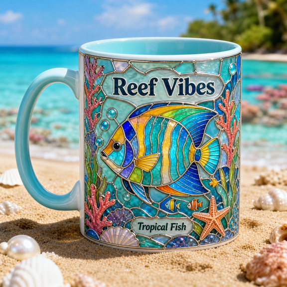 Tropical Fish Mug, 2D Flat Ceramic Mug Reef Vibes Ocean Animal Gift for Beach Lovers