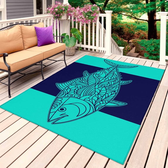 Tropical Fish Outdoor Rug 5x8 Ft, Non Slip Washable Area Rug, Mandalas Boho Modern Green Abstract Stripe Patio Rugs Carpet Runner, Large Floor Mat for Indoor/Outdoor Deck Porch Camping