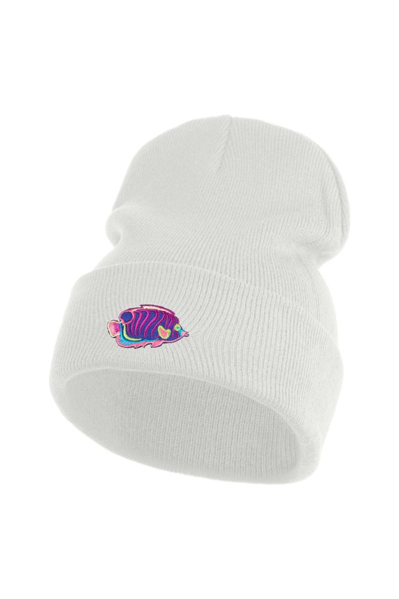 Tropical Fish Sea Life Iron On Patched 12 Inch Long Knitted Beanie - White OSFM